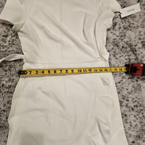 Calvin Klein NWT SZ 10 Ivory Short Sleeve Crepe Dress with Ruffle and Waist Tie - Picture 6 of 13